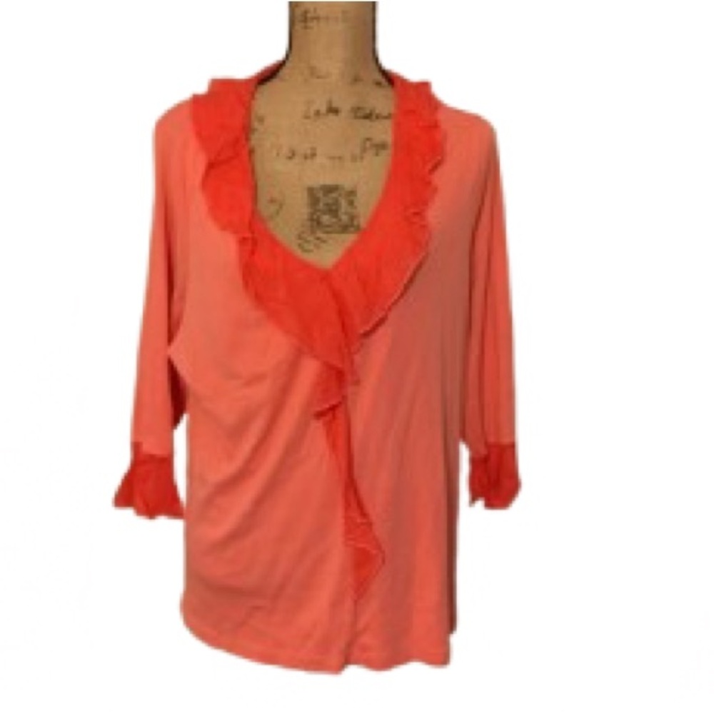 SOFT SURROUNDINGS Coral 3/4 Sleeve Ruffle Top‎ 1X Two-tone
